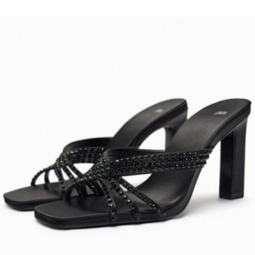 Zara Black High Heels Rhinestone Party Holiday Sandals Shoes Size 8